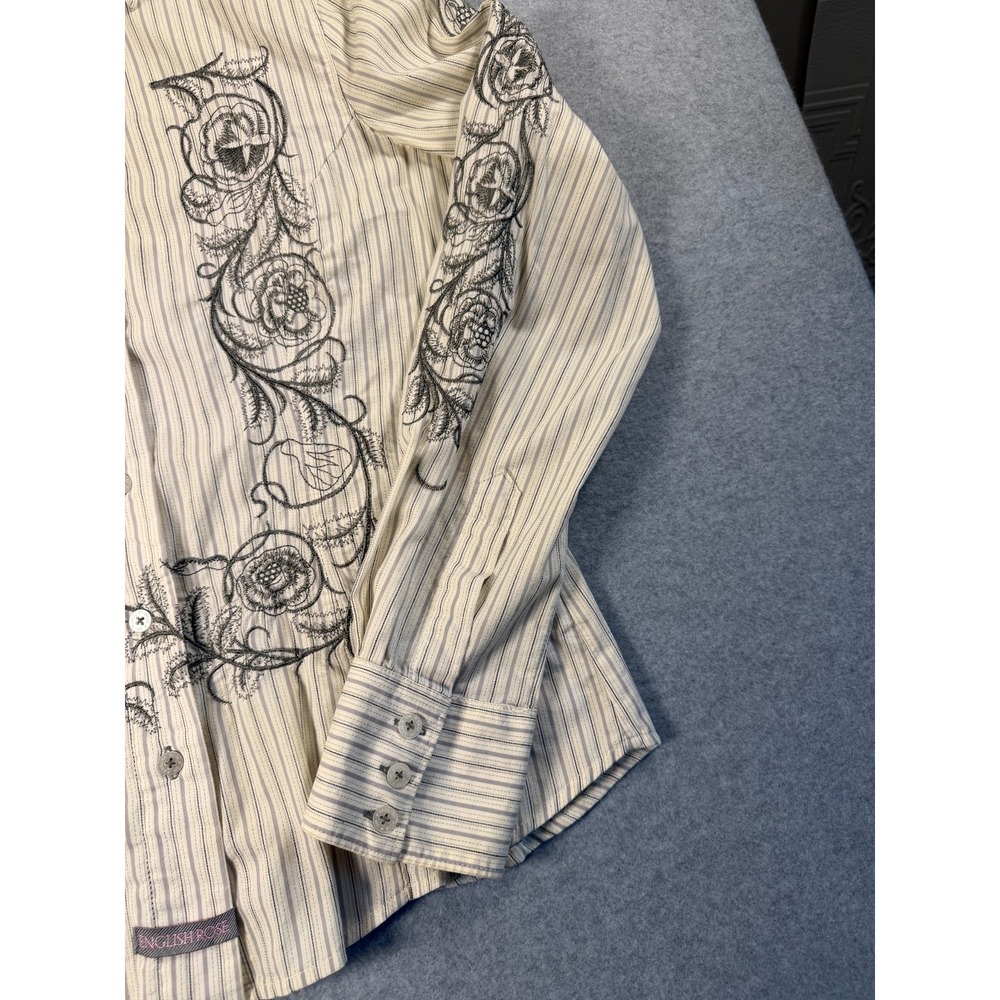 English Rose by EL Blouse Gray Stripe Long Sleeve Embroidered Cotton Sz L SKU242 - Picture 6 of 12